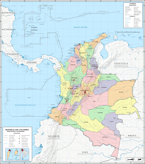 Political map of Colombia with departments labeled