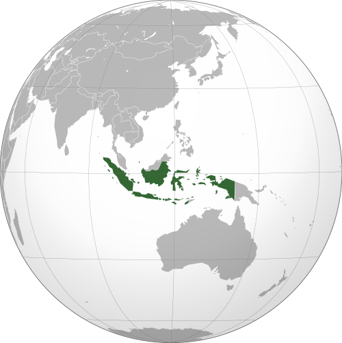 World globe locator map, Indonesia highlighted green