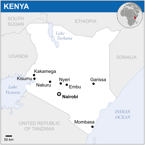 Labeled locator map of Kenya with cities