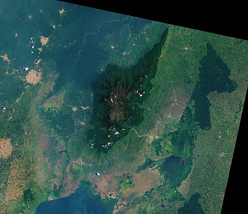 Satellite view of forested mountain massif with lakes