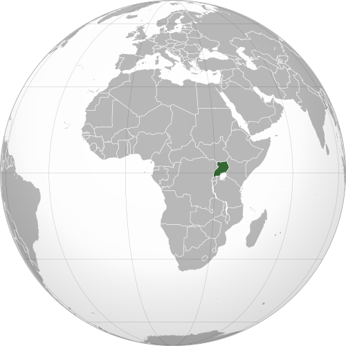 Globe with Uganda highlighted green in East Africa